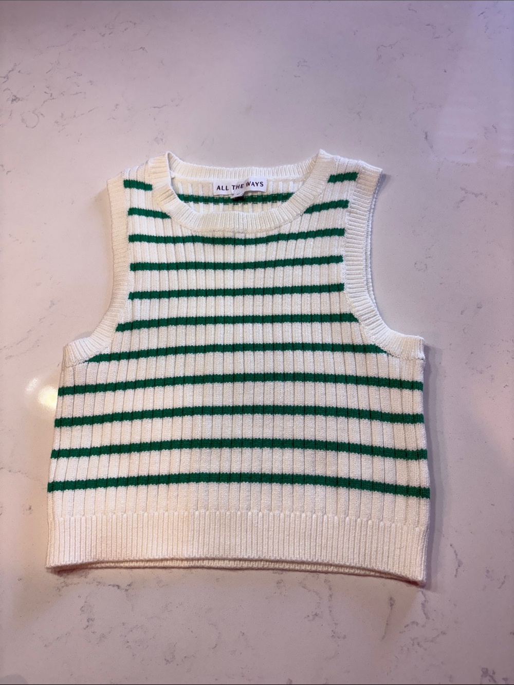 All The Ways White & Green Striped Knit Tank